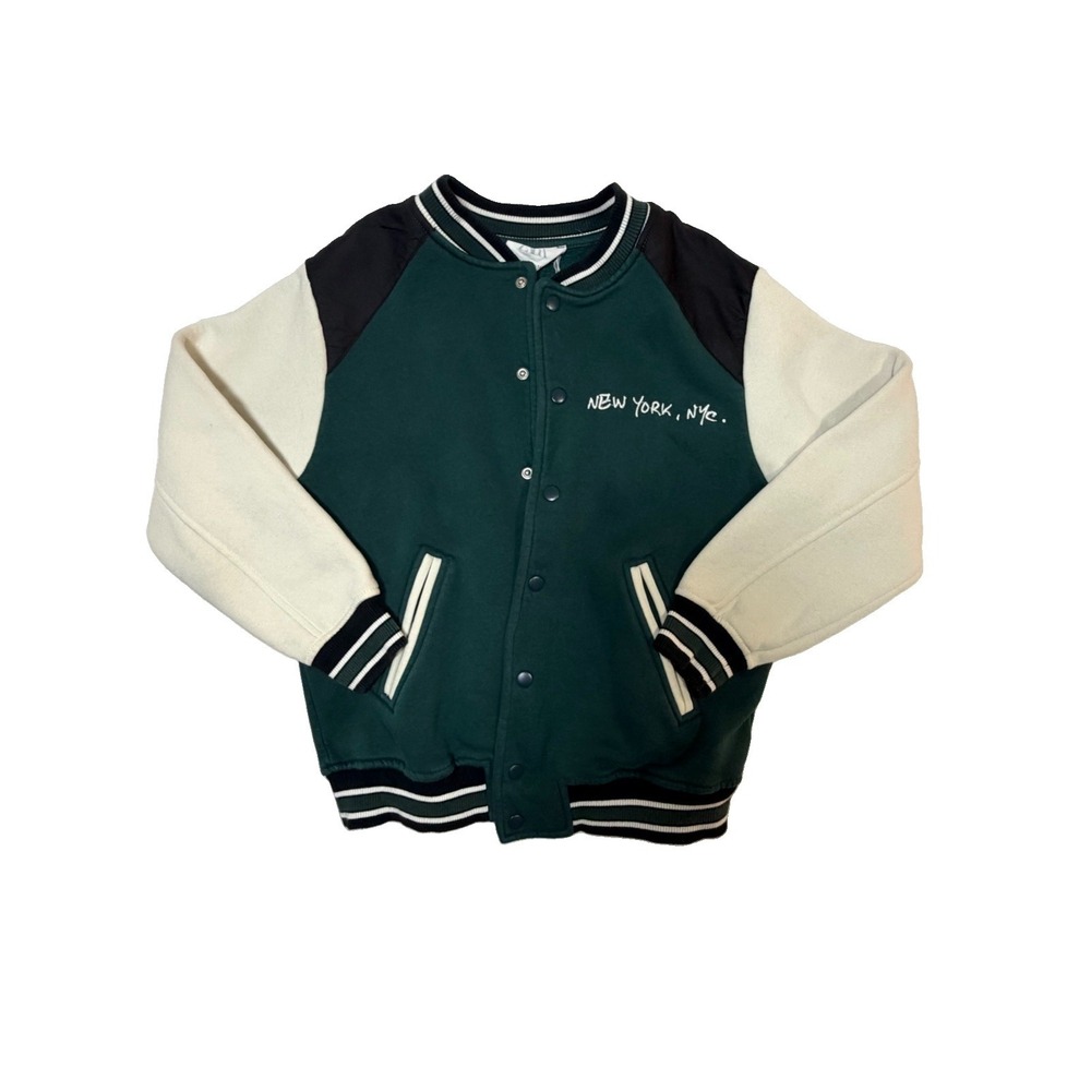 Zara Kids Varsity Bomber Jacket Green Ivory Snap Front Size 10 (140 cm)